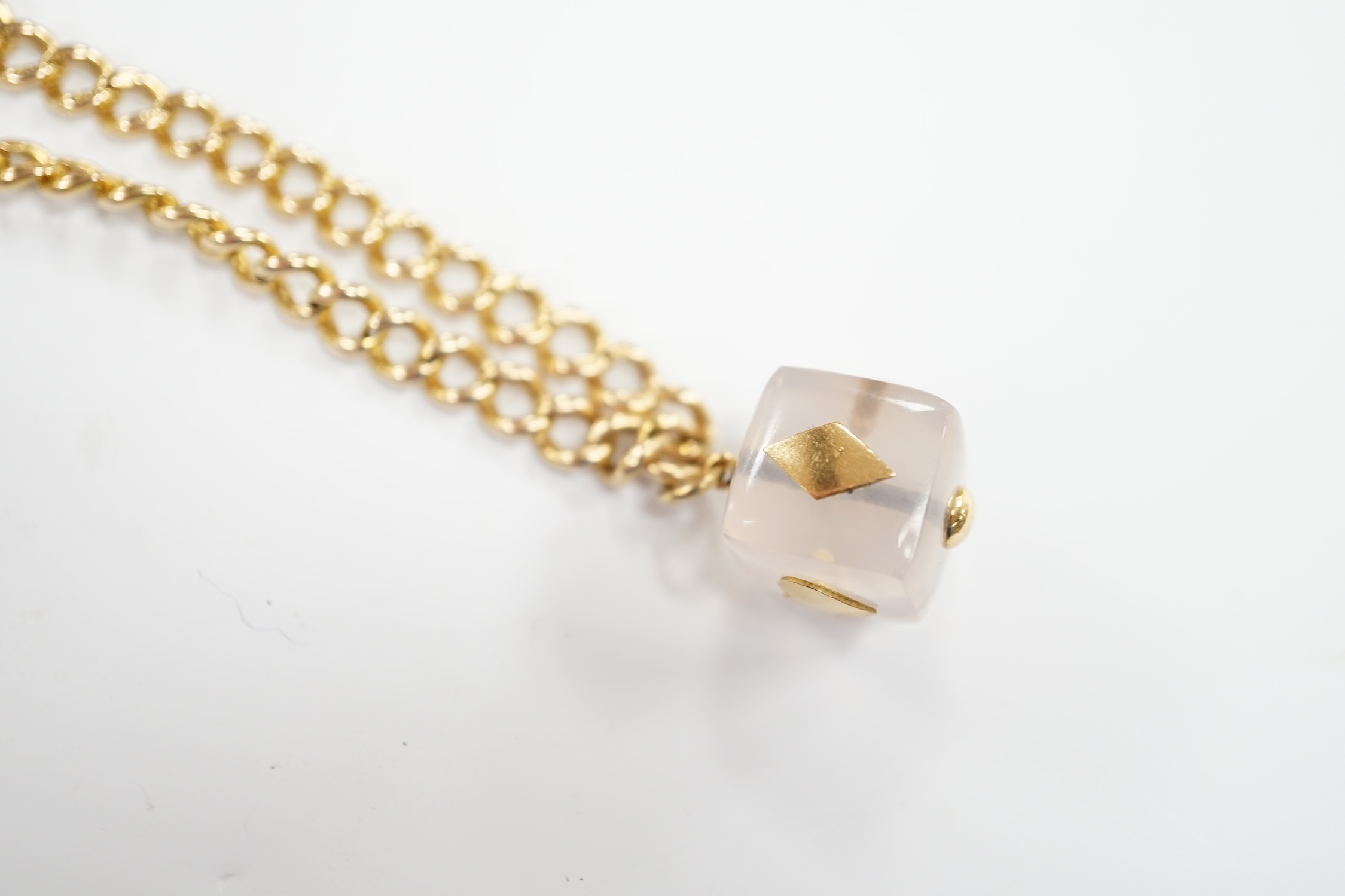 An Edwardian 15ct gold curb link bracelet, 16cm, hung with a later mounted glass cube charm, gross weight 20.8 grams.